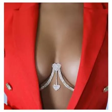Rhinestone Chest Bracket Chain Trendy Crystal Heart Pendant Bra Chain Sexy Bikini Body Chain Jewelry for Women