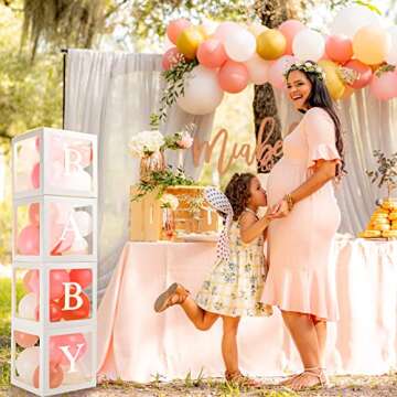 JeuntGoo Baby Boxes with Letters for Baby Shower, 4pcs Clear Baby Block Party Decorations for Boy Girl, Transparent Balloon Boxes for Baby Shower Decor, 1st Birthday, Gender Reveal Backdrop-Reusable