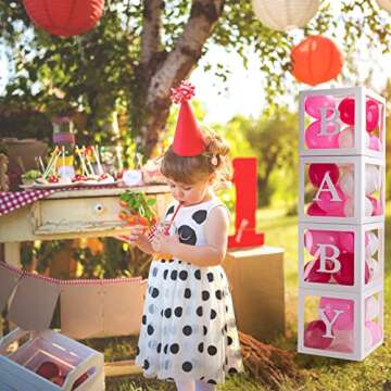 JeuntGoo Baby Boxes with Letters for Baby Shower, 4pcs Clear Baby Block Party Decorations for Boy Girl, Transparent Balloon Boxes for Baby Shower Decor, 1st Birthday, Gender Reveal Backdrop-Reusable