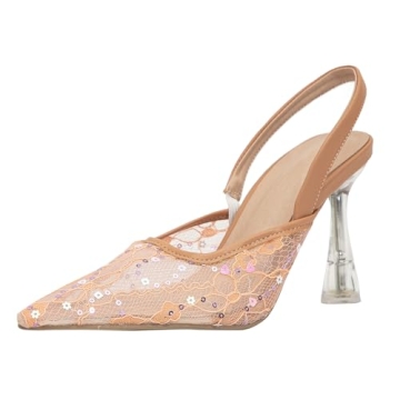 getmorebeauty Women's Kitten Sequin Slingback Heels Pumps Sandals Lace Mesh Pointed Toe Bridal Weddi...