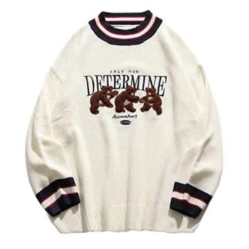 Aelfric Eden Brown Bear Sweater Mens Oversized Knit Sweater Animal Printed Sweater Long Sleeve Pullover Sweater