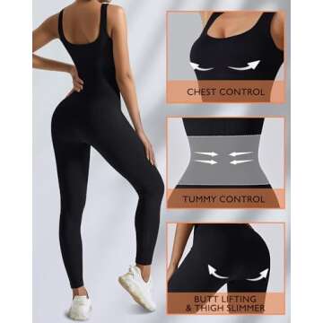 AURUZA Jumpsuit for Women Workout Seamless Jumpsuit Yoga Ribbed One Piece Tank Tops Rompers Sleeveless Exercise Tummy Control Jumpsuits Square Neck Leggings Romper，Black，XL