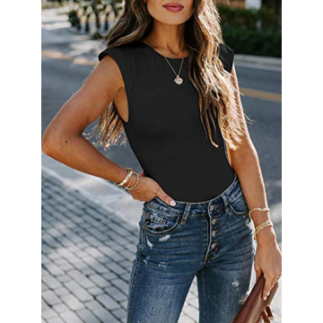 REORIA Women’s Sleeveless Leotard with Shoulder Pads Black Small