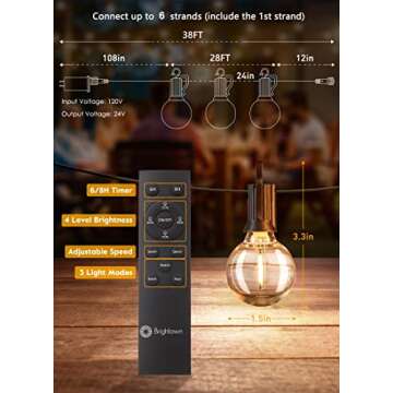 Brightown Outdoor String Lights with Remote, 28Ft Patio Lights Outdoor Waterproof, String Lights for Outside with 15 Shatterproof LED Bulbs, Hanging Lights for Porch Balcony Bistro Cafe