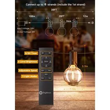 Brightown Outdoor String Lights with Remote, 28Ft Patio Lights Outdoor Waterproof, String Lights for Outside with 15 Shatterproof LED Bulbs, Hanging Lights for Porch Balcony Bistro Cafe