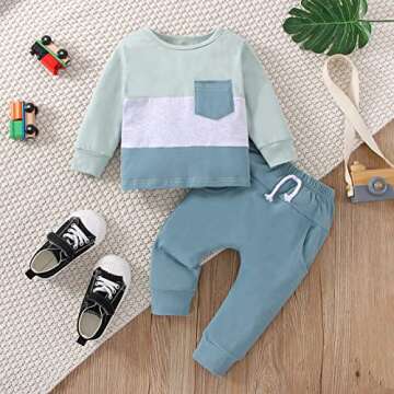Toddler Infant Baby Boy Clothes Long Sleeve Striped T-Shirt Pullover Tops Solid Pants 2Pcs Fall Winter Outfits (Colorblock Blue Green, 18-24 Months)