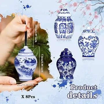 8 Pieces Chinoiserie Porcelain Christmas Ornaments Blue and White Christmas Decorations Mini Chinoiserie Porcelain Ginger Jar Christmas Tree Decor Vintage Christmas Decorations (Chinese)