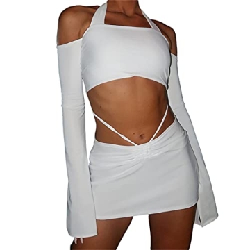 Zempertoopa Women's Y2K Bodycon Dress Set Sexy Halter Neck & Skirt