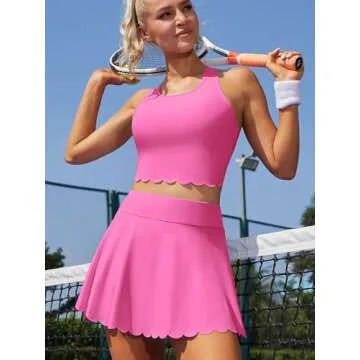 ATTRACO Tennis Outfits for Women 2 Piece Set Sport Dress Scalloped Tennis Dress Hot Pink S