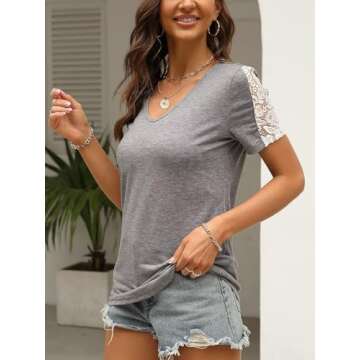 Eachyes Womens V Neck Tops Summer Short Sleeve T Shirts Dressy Casual Blouses Grey Large