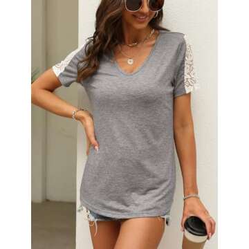 Eachyes Womens V Neck Tops Summer Short Sleeve T Shirts Dressy Casual Blouses Grey Large