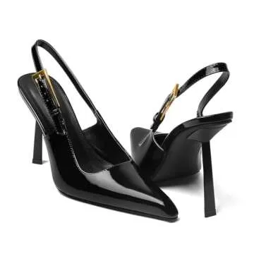 Longwenxuan Slingback Pointed Closed Toe Stiletto Heels Sandal for Women,Women's Basic Classic Patent Leather Metal Buckle Pumps Backless Ankle Slip-on Buckle Strap Mid High Heels Banquet Dress Shoes