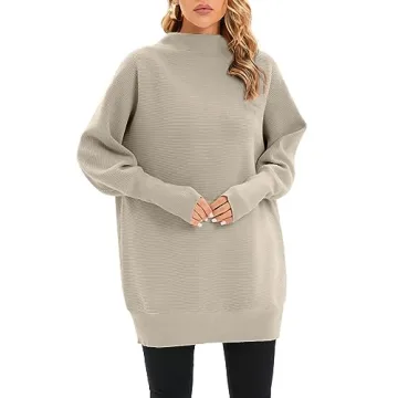 Famulily Khaki Batwing Dolman Long Sleeve Turtle Necks Tops for Women Slouch Tunic Sweaters Oversized Turtleneck Sweaters L