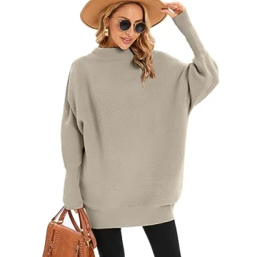 Famulily Khaki Batwing Dolman Long Sleeve Turtle Necks Tops for Women Slouch Tunic Sweaters Oversized Turtleneck Sweaters L