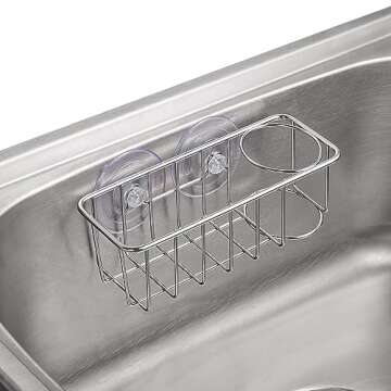 TESOT Sink Caddy Sponge Holder for Kitchen Sink 2 Suspension Options(Suction Cups and Adhesive Hook), SUS304 Stainless Steel, Silver