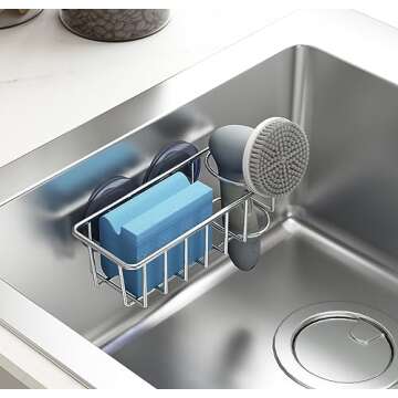 TESOT Sink Caddy Sponge Holder for Kitchen Sink 2 Suspension Options(Suction Cups and Adhesive Hook), SUS304 Stainless Steel, Silver