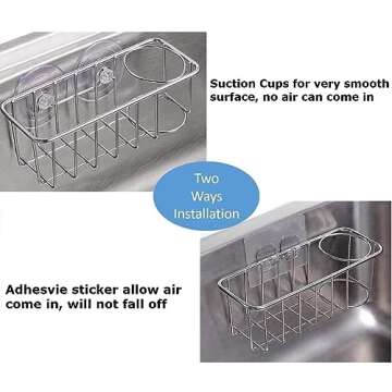 TESOT Sink Caddy Sponge Holder for Kitchen Sink 2 Suspension Options(Suction Cups and Adhesive Hook), SUS304 Stainless Steel, Silver