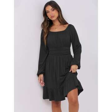 ANRABESS Womens Dress Long Lantern Sleeve Square Neck Elastic Waist Ruffle Flowy Swing A-Line Short Dresses 2025 Fall Fashion Black Medium