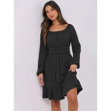 ANRABESS Womens Dress Long Lantern Sleeve Square Neck Elastic Waist Ruffle Flowy Swing A-Line Short Dresses 2025 Fall Fashion Black Medium