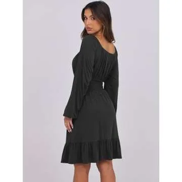 ANRABESS Womens Dress Long Lantern Sleeve Square Neck Elastic Waist Ruffle Flowy Swing A-Line Short Dresses 2025 Fall Fashion Black Medium