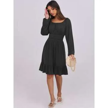 ANRABESS Womens Dress Long Lantern Sleeve Square Neck Elastic Waist Ruffle Flowy Swing A-Line Short Dresses 2025 Fall Fashion Black Medium