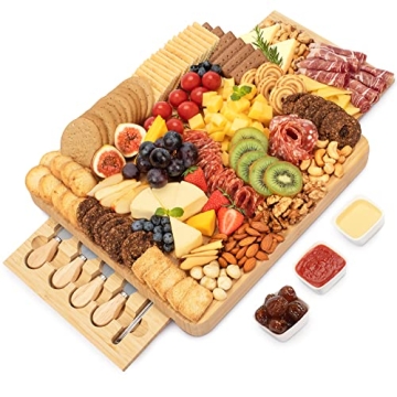 FamRica Bamboo Cheese Board with Hidden Drawers - Elegant Charcuterie Set
