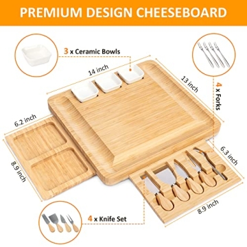 FamRica Bamboo Cheese Board with Hidden Drawers Elegant Gift