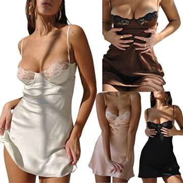 Women's Sexy Mini Dress Low-Cut Satin Spaghetti Strap Dress