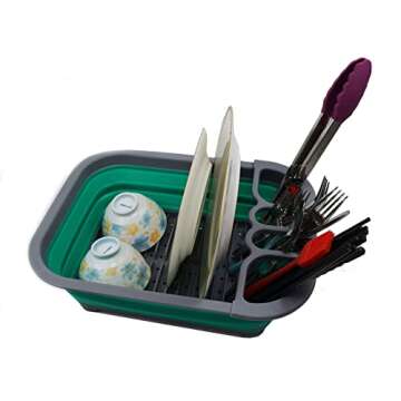 SAMMART Collapsible Plastic Dish Drainer - Foldable Drying Rack Set - Portable Dinnerware Organizer - Space Saving Dishes and Utensil Kitchen Storage (1, Dark Grey/Bluish-Green (w/o Base Board))