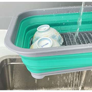 SAMMART Collapsible Plastic Dish Drainer - Foldable Drying Rack Set - Portable Dinnerware Organizer - Space Saving Dishes and Utensil Kitchen Storage (1, Dark Grey/Bluish-Green (w/o Base Board))