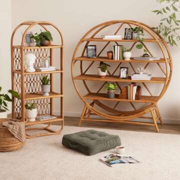 Rattan Arched Bookshelf, 4-Tier Tall Rattan Bookshelf, Free Standing Storage Unit, Bookcase Home Dec...
