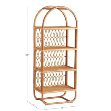 Rattan Arched Bookshelf, 4-Tier Tall Rattan Bookshelf, Free Standing Storage Unit, Bookcase Home Decor Furniture for Home Office, Living Room, Bedroom, Study