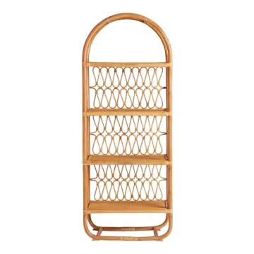 Rattan Arched Bookshelf, 4-Tier Tall Rattan Bookshelf, Free Standing Storage Unit, Bookcase Home Decor Furniture for Home Office, Living Room, Bedroom, Study