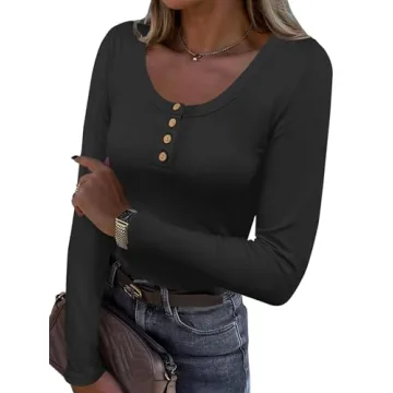 Caracilia Women's Long Sleeve Slim Fit Henley T-Shirt - Casual Fall Blouse