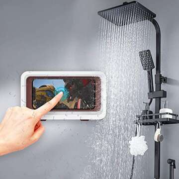 WOOWGIAO Shower Phone Holder Waterproof Wall Mount Case for Bathroom, Anti-Fog Touch Screen, Compati...