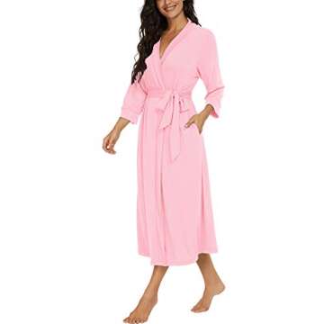 VINTATRE Women Kimono Robes Long Knit Bathrobe Lightweight Soft Knit Sleepwear V-neck Casual Ladies Loungewear Pink-Small