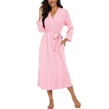 VINTATRE Women Kimono Robes Long Knit Bathrobe Lightweight Soft Knit Sleepwear V-neck Casual Ladies Loungewear Pink-Small