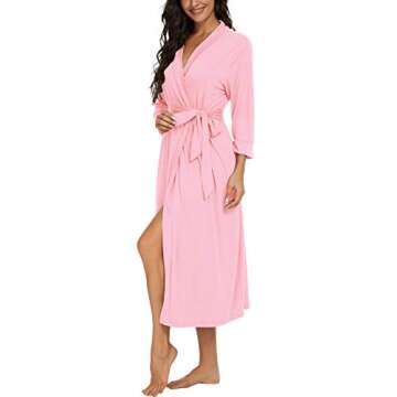 VINTATRE Women Kimono Robes Long Knit Bathrobe Lightweight Soft Knit Sleepwear V-neck Casual Ladies Loungewear Pink-Small