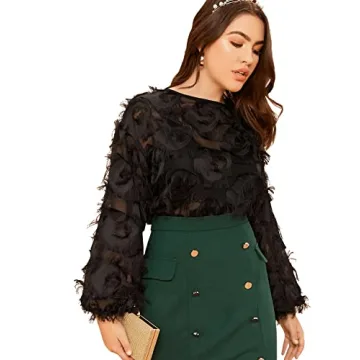 SweatyRocks Women's Plus Size Fringe Long Bishop Sleeve Boat Neck Sheer Blouse Drop Shoulder Elegant...