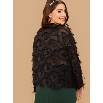 SweatyRocks Women's Plus Size Fringe Long Bishop Sleeve Boat Neck Sheer Blouse Drop Shoulder Elegant Top Black 1XL