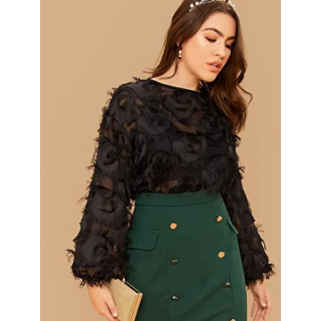 SweatyRocks Women's Plus Size Fringe Long Bishop Sleeve Boat Neck Sheer Blouse Drop Shoulder Elegant Top Black 1XL