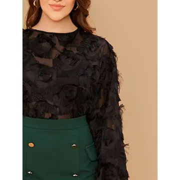 SweatyRocks Women's Plus Size Fringe Long Bishop Sleeve Boat Neck Sheer Blouse Drop Shoulder Elegant Top Black 1XL