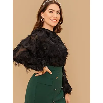 SweatyRocks Women's Plus Size Fringe Long Bishop Sleeve Boat Neck Sheer Blouse Drop Shoulder Elegant Top Black 1XL