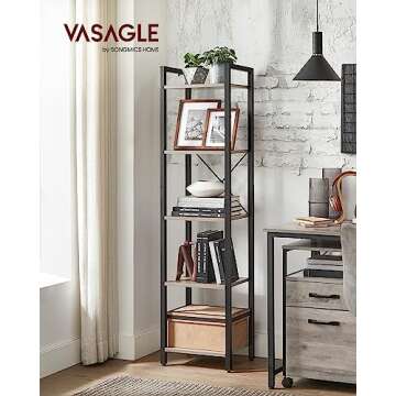 VASAGLE 5-Tier Tall Bookshelf, Narrow Bookcase with Steel Frame, Skinny Book Shelf for Living Room, ...