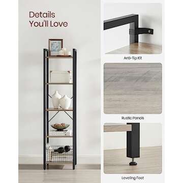 VASAGLE 5-Tier Tall Bookshelf, Narrow Bookcase with Steel Frame, Skinny Book Shelf for Living Room, Home Office, Study, 11.8 x 15.6 x 60.6 Inches, Industrial Style, Greige and Black ULLS100B02