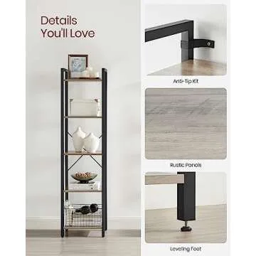 VASAGLE 5-Tier Tall Bookshelf, Narrow Bookcase with Steel Frame, Skinny Book Shelf for Living Room, Home Office, Study, 11.8 x 15.6 x 60.6 Inches, Industrial Style, Greige and Black ULLS100B02
