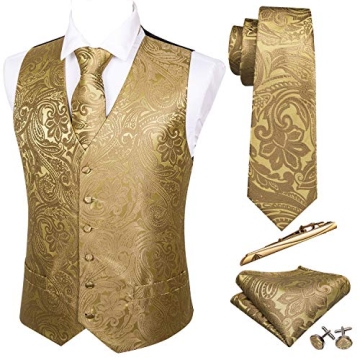 Barry.Wang Gold Flower Formal Men Dress Vest Set - Stylish 5PCS for Weddings & Events