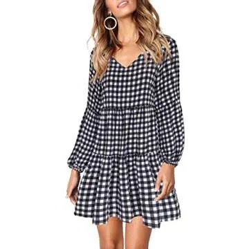Womens Long Sleeve Shift Dress V Neck Plaid Cute Fall Swing Dress White L