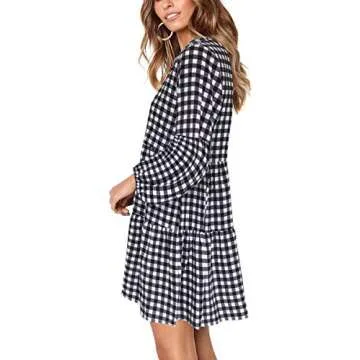 Womens Long Sleeve Shift Dress V Neck Plaid Cute Fall Swing Dress White L