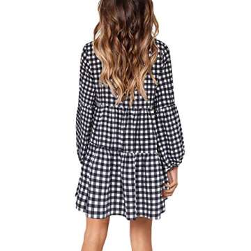 Womens Long Sleeve Shift Dress V Neck Plaid Cute Fall Swing Dress White L